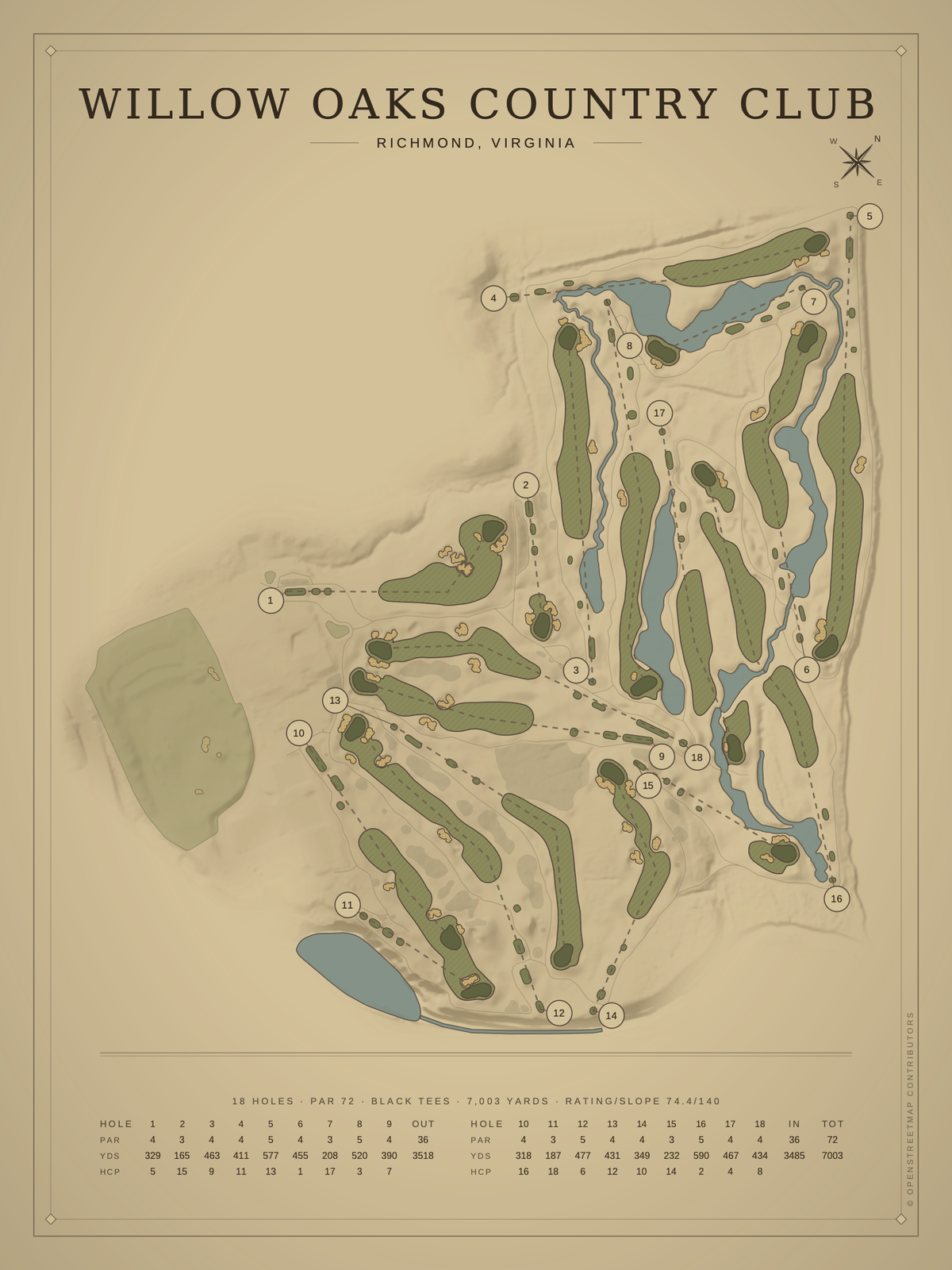 Willow Oaks Country Club course map poster, Vintage style, 12×16 / 18×24