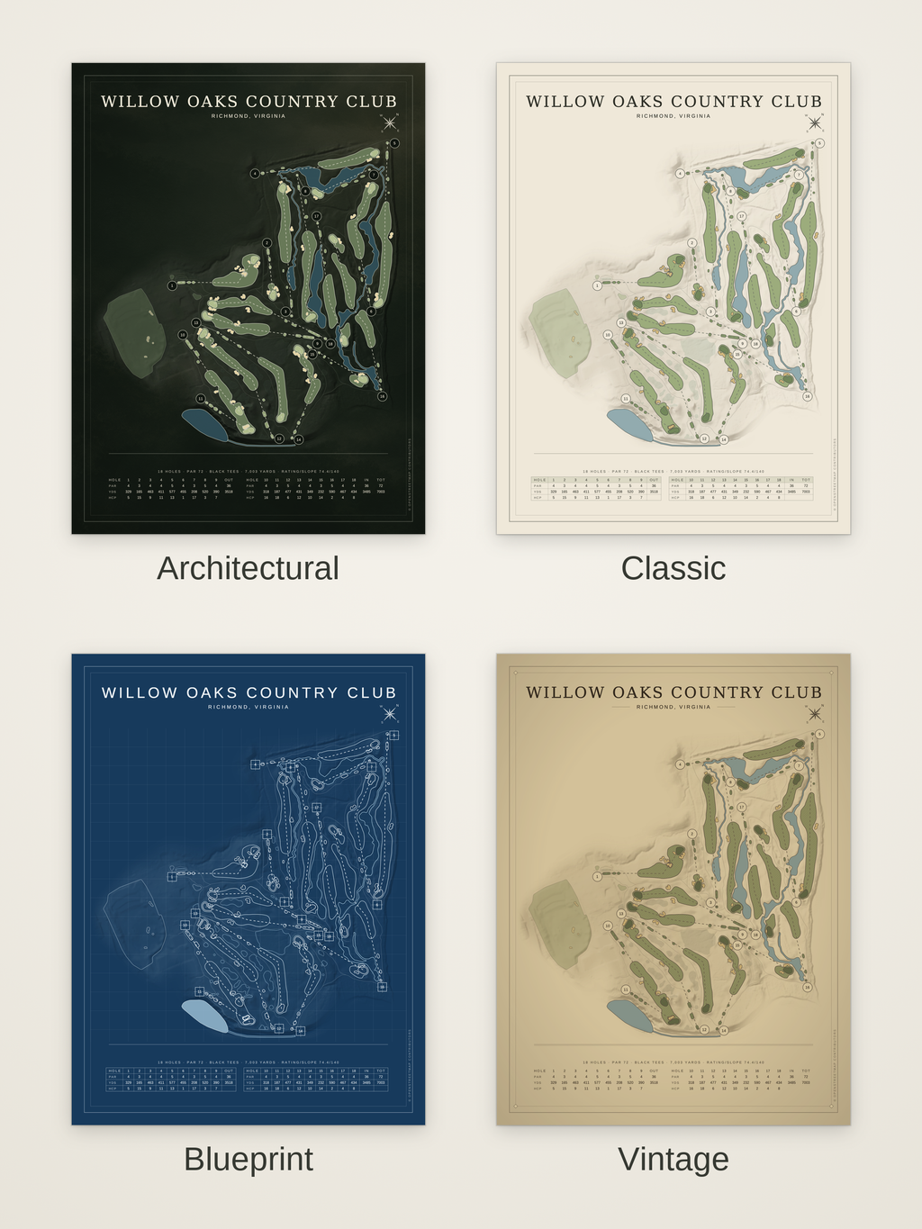Willow Oaks Country Club course map poster in four styles: Architectural, Classic, Blueprint and Vintage