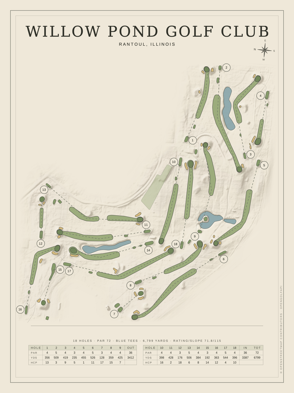 Willow Pond Golf Club course map poster, Classic style, 12×16 / 18×24