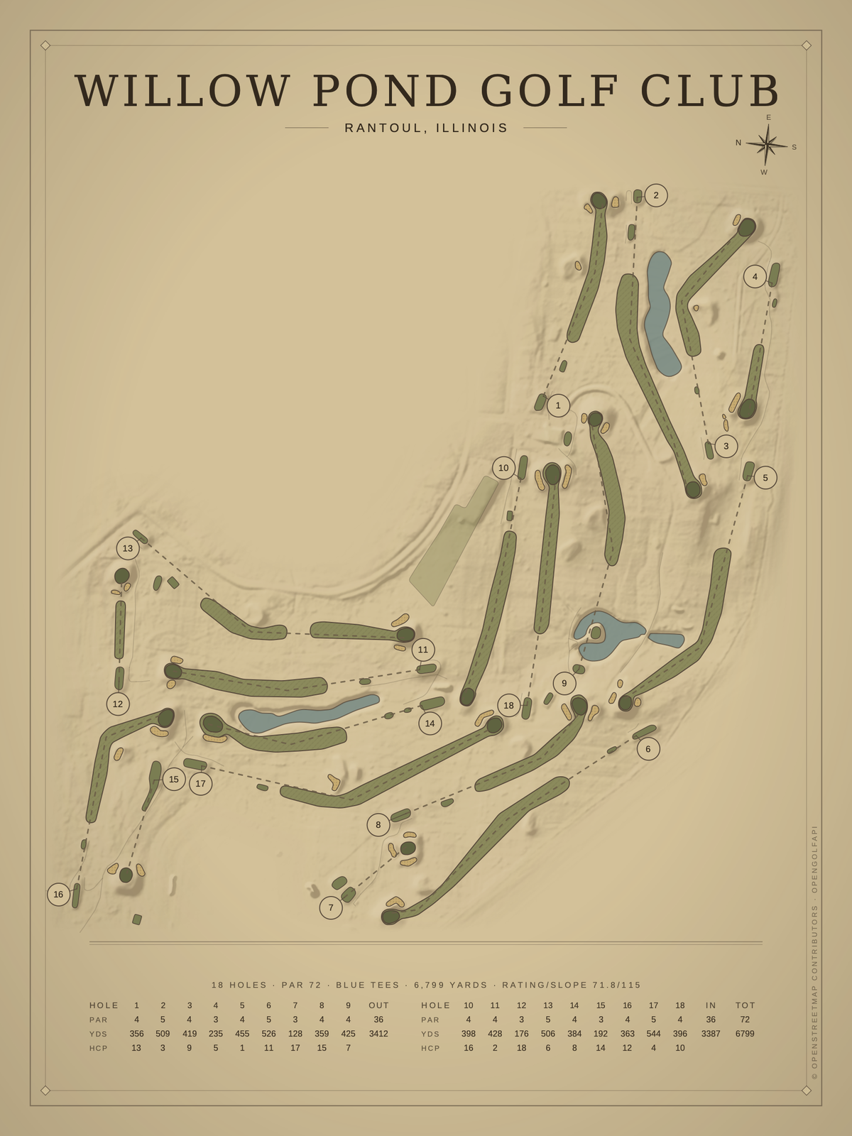 Willow Pond Golf Club course map poster, Vintage style, 12×16 / 18×24