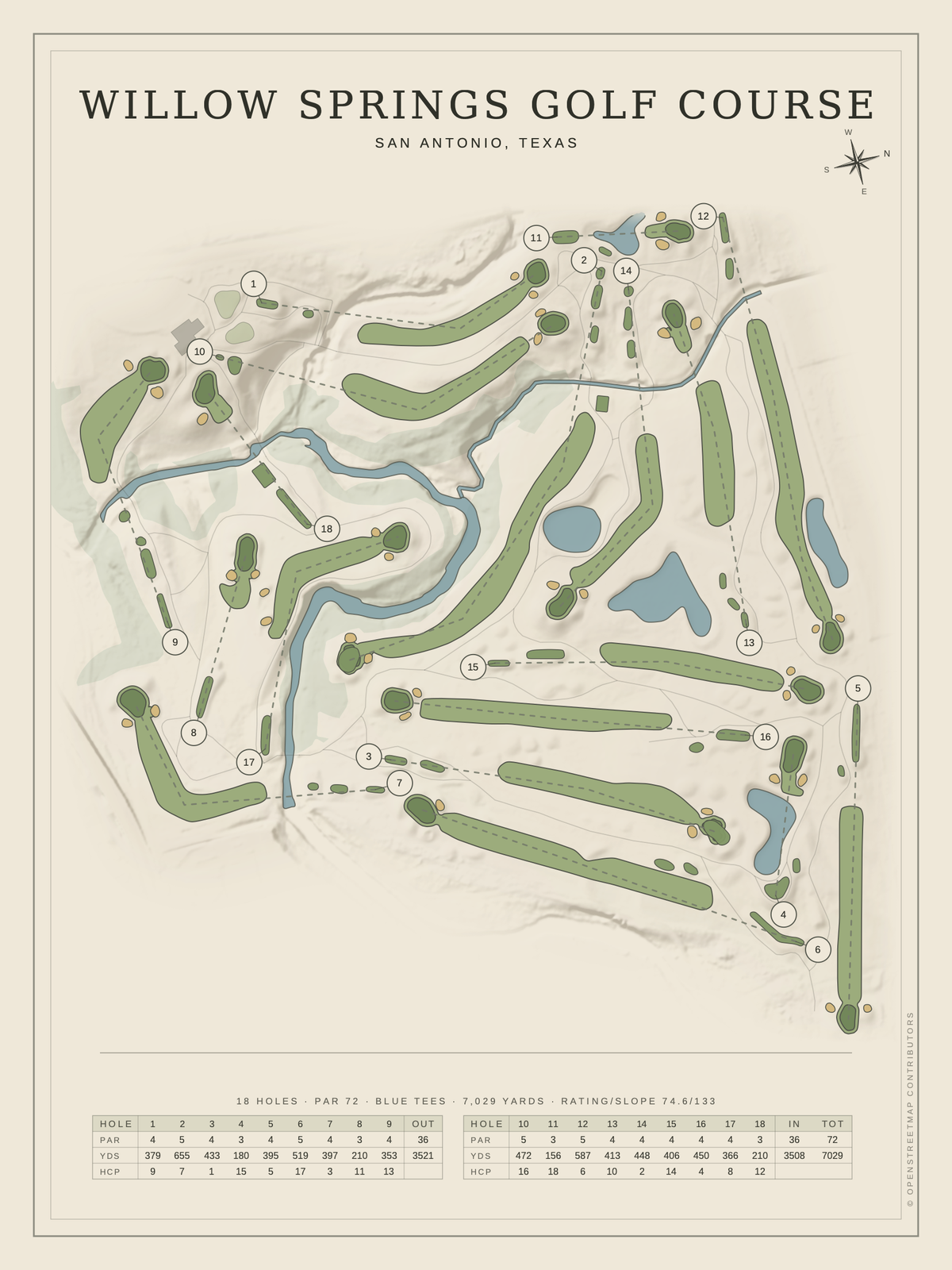 Willow Springs Golf Course map poster, Classic style, 12×16 / 18×24