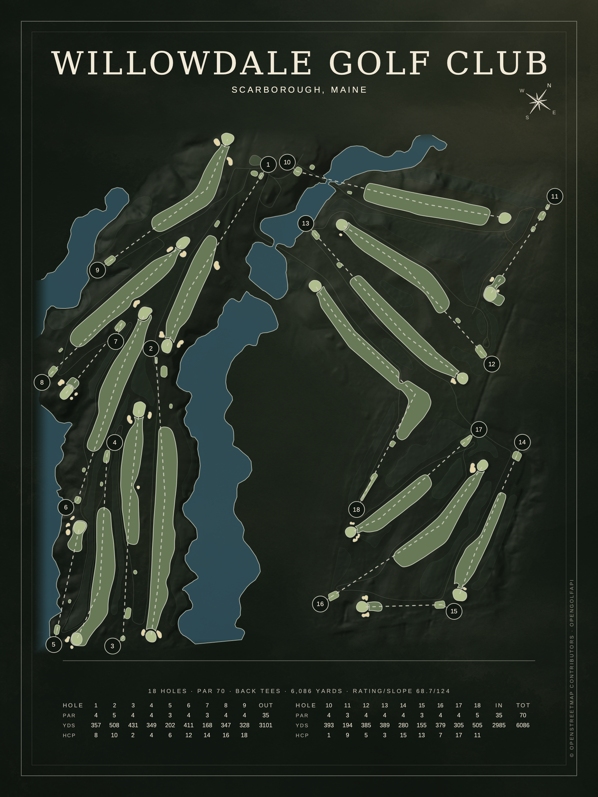 Willowdale Golf Club course map poster, Architectural style, 12×16 / 18×24