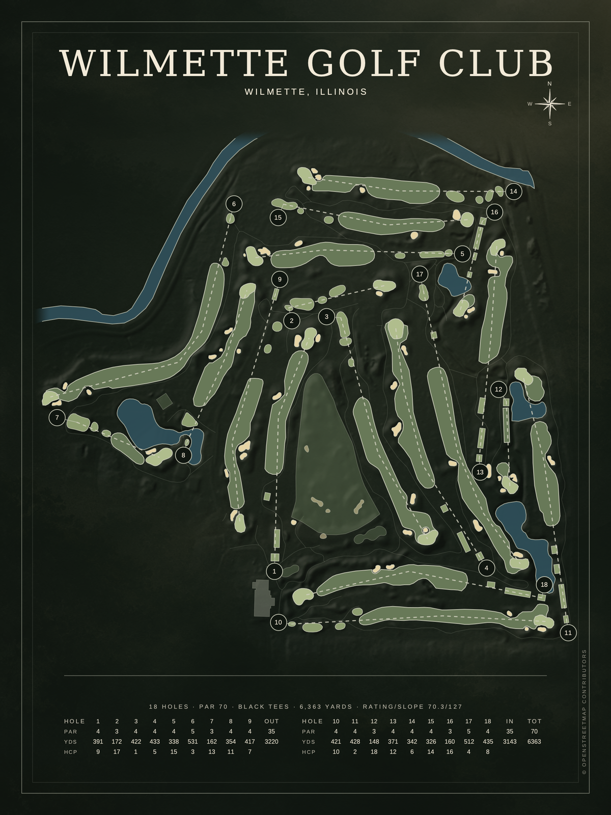 Wilmette Golf Club course map poster, Architectural style, 12×16 / 18×24