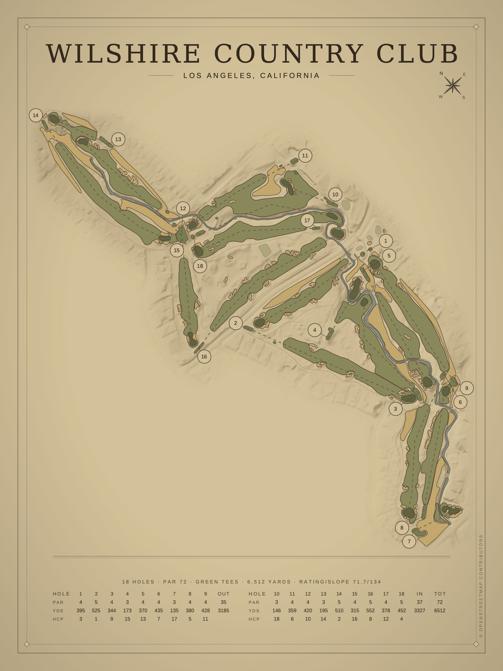 Wilshire Country Club course map poster, Vintage style, 12×16 / 18×24