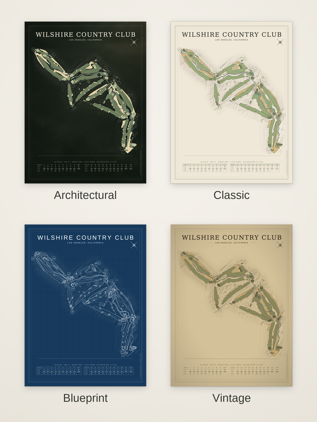 Wilshire Country Club course map poster in four styles: Architectural, Classic, Blueprint and Vintage