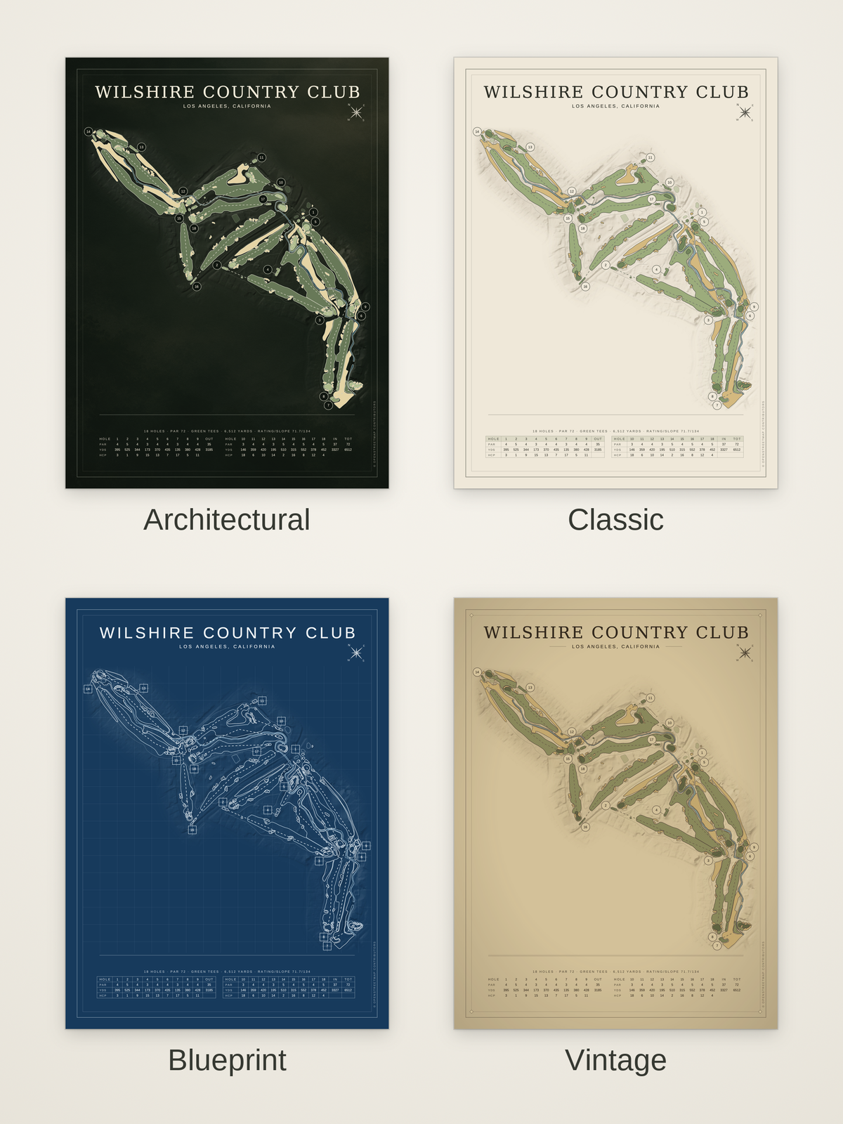 Wilshire Country Club course map poster in four styles: Architectural, Classic, Blueprint and Vintage