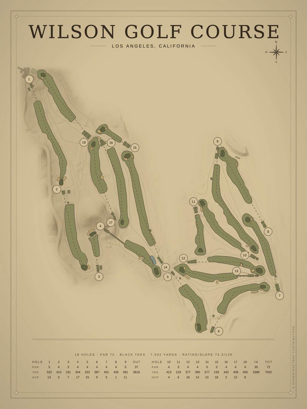 Wilson Golf Course (Griffith Park) course map poster, Vintage style, 12×16 / 18×24