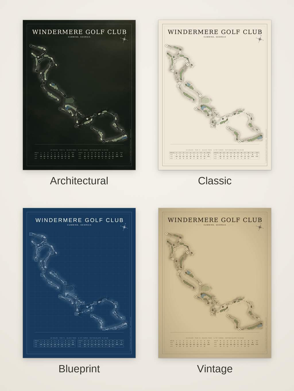 Windermere Golf Club course map poster in four styles: Architectural, Classic, Blueprint and Vintage