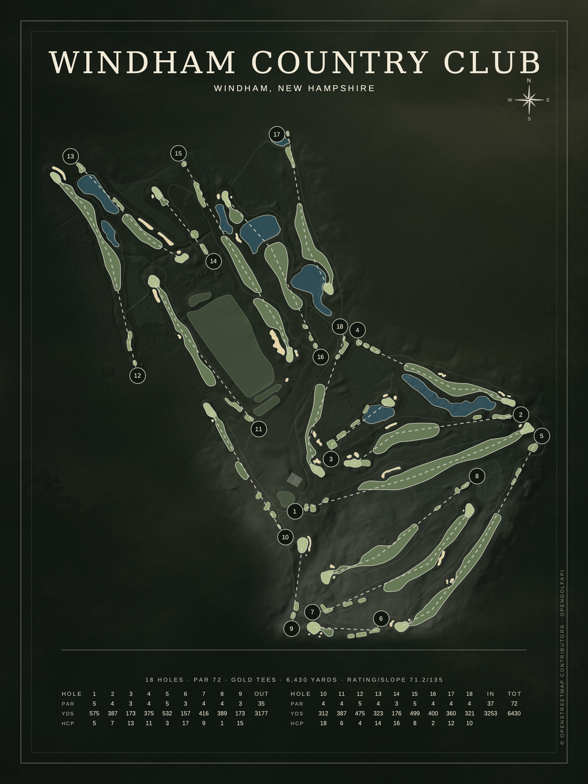 Windham Country Club course map poster, Architectural style, 12×16 / 18×24