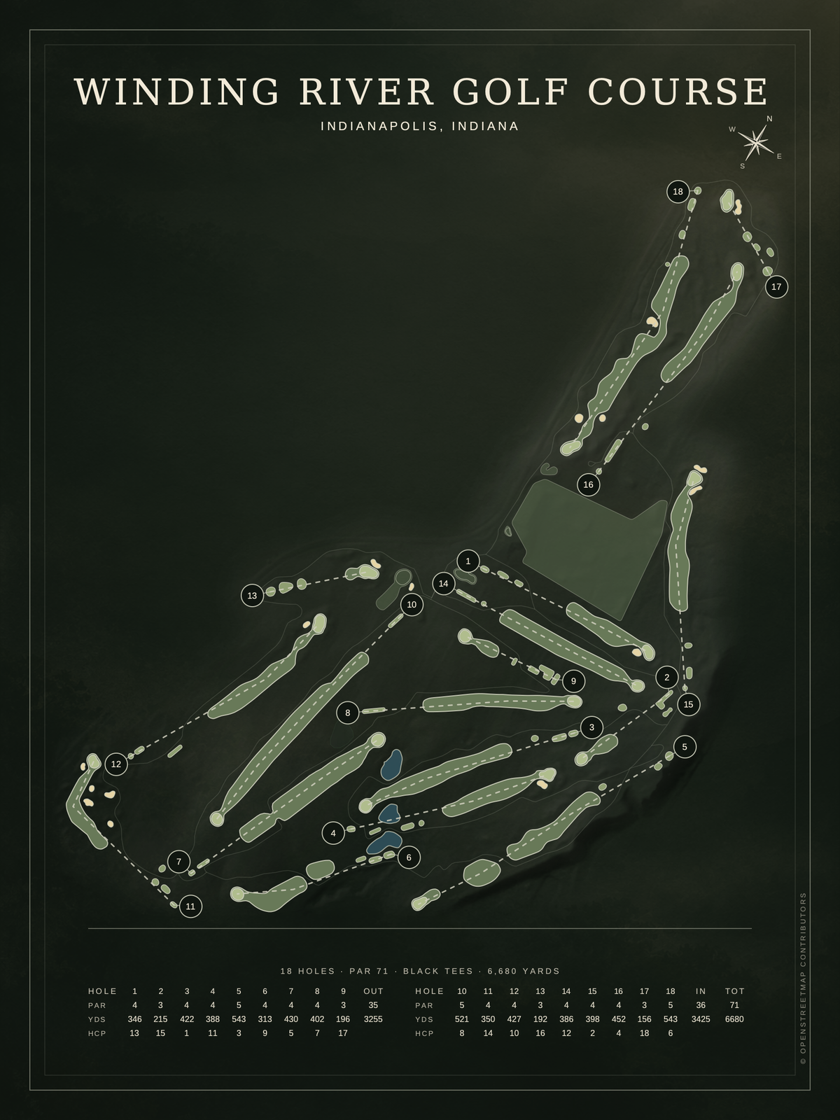 Winding River Golf Course map poster, Architectural style, 12×16 / 18×24