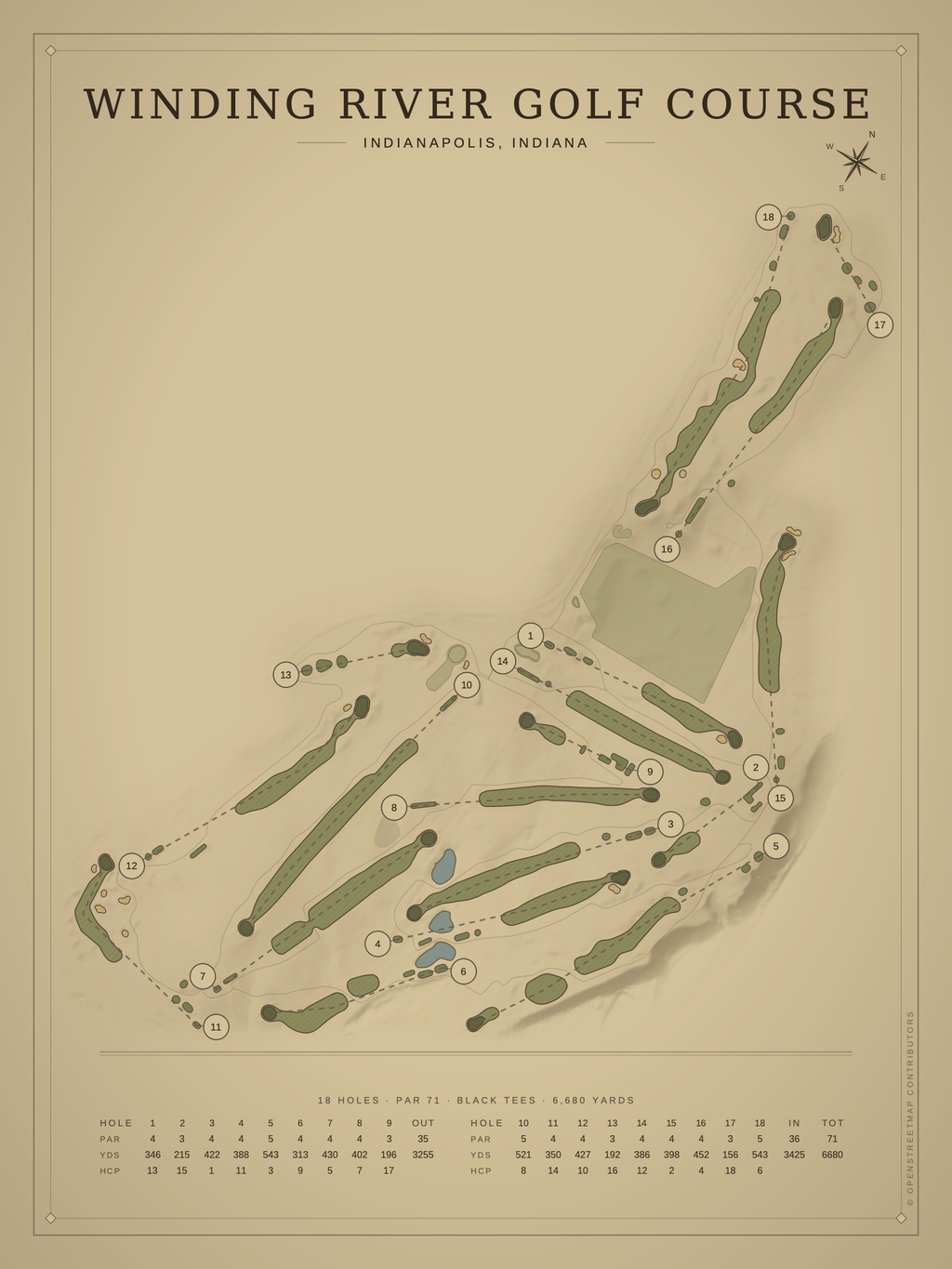 Winding River Golf Course map poster, Vintage style, 12×16 / 18×24