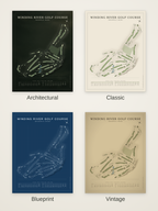 Winding River Golf Course map poster in four styles: Architectural, Classic, Blueprint and Vintage