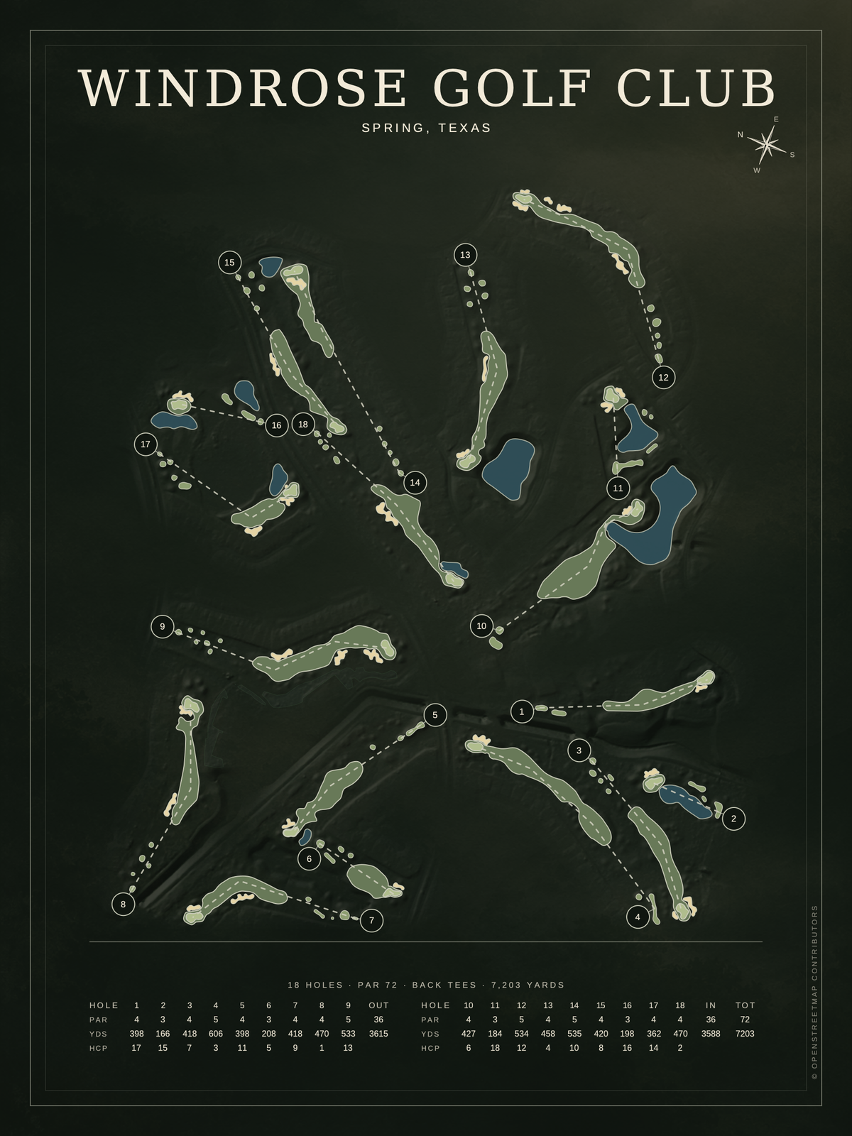 Windrose Golf Club course map poster, Architectural style, 12×16 / 18×24
