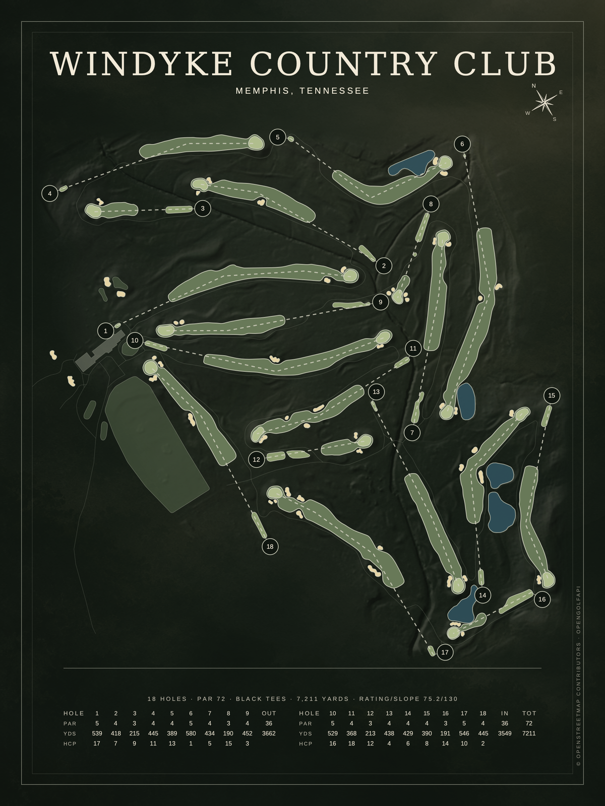 Windyke Country Club course map poster, Architectural style, 12×16 / 18×24