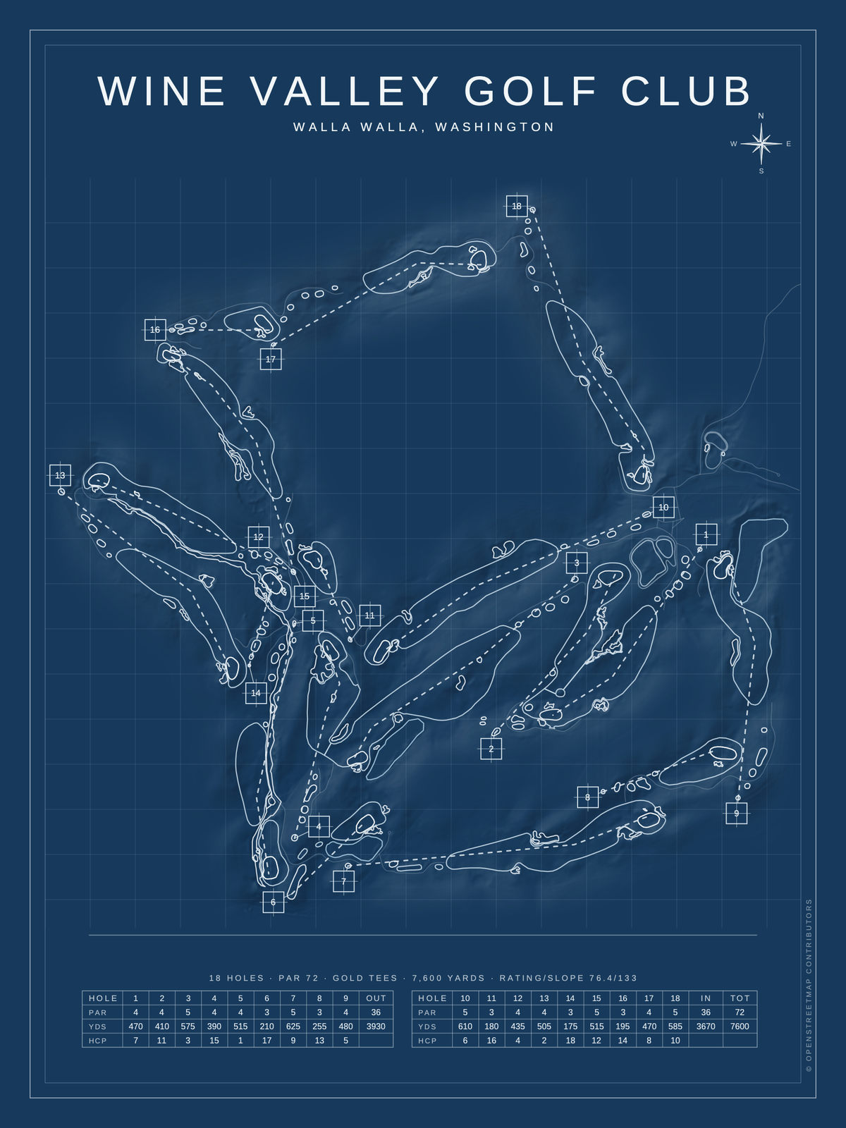 Wine Valley Golf Club course map poster, Blueprint style, 12×16 / 18×24