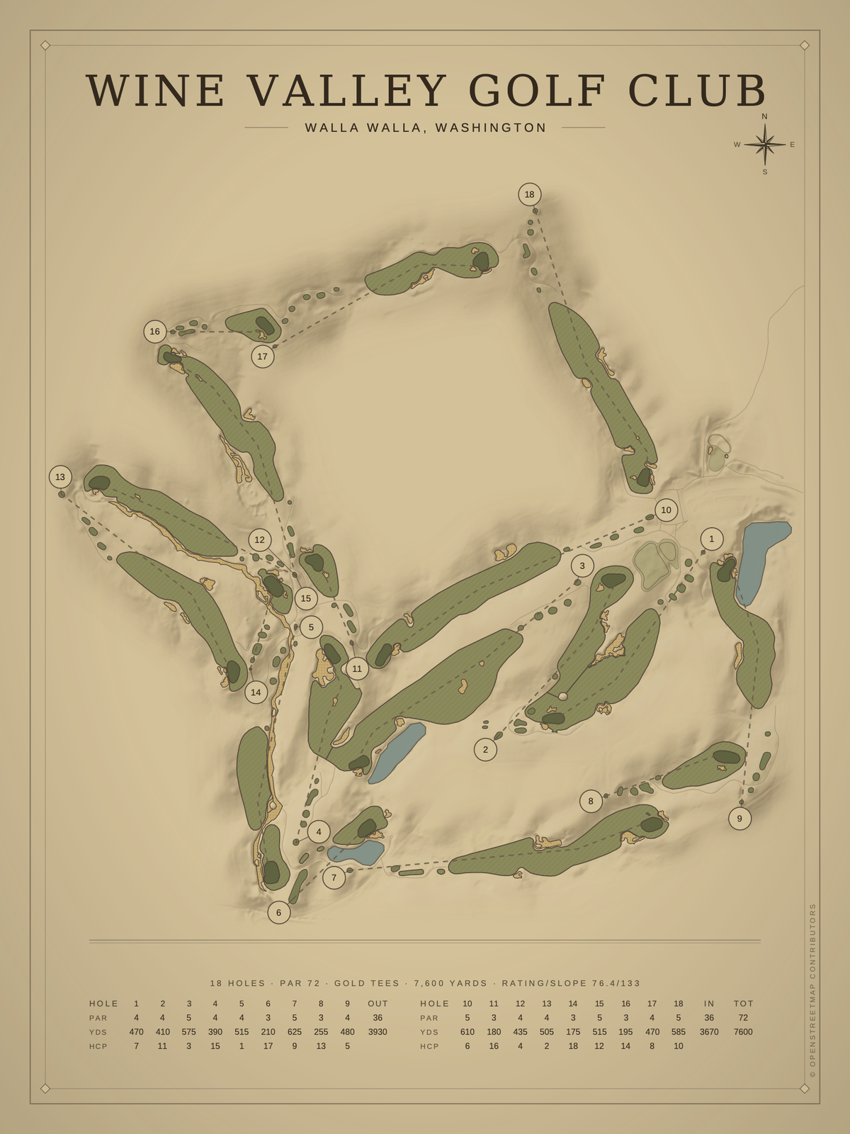 Wine Valley Golf Club course map poster, Vintage style, 12×16 / 18×24