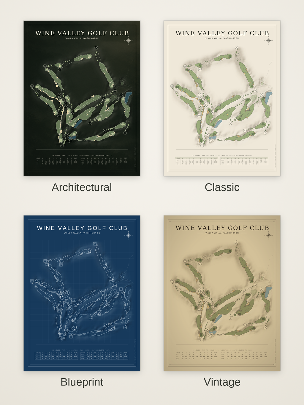 Wine Valley Golf Club course map poster in four styles: Architectural, Classic, Blueprint and Vintage