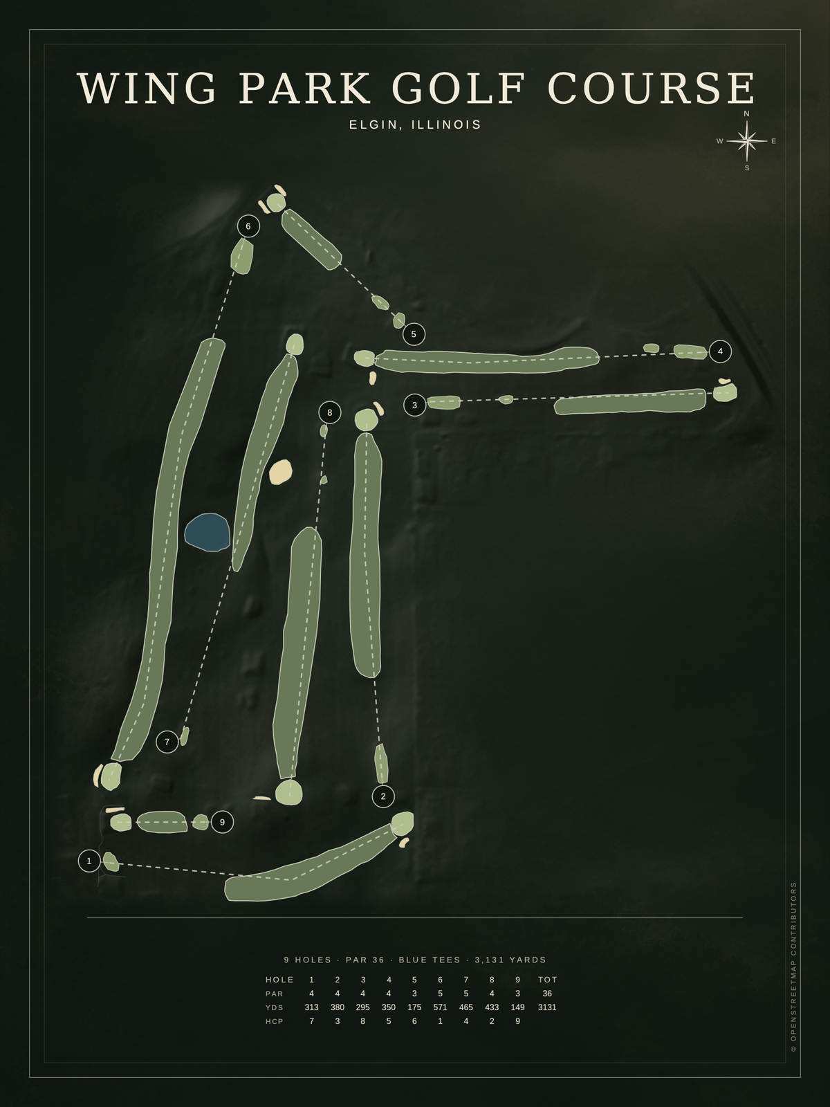 Wing Park Golf Course map poster, Architectural style, 12×16 / 18×24