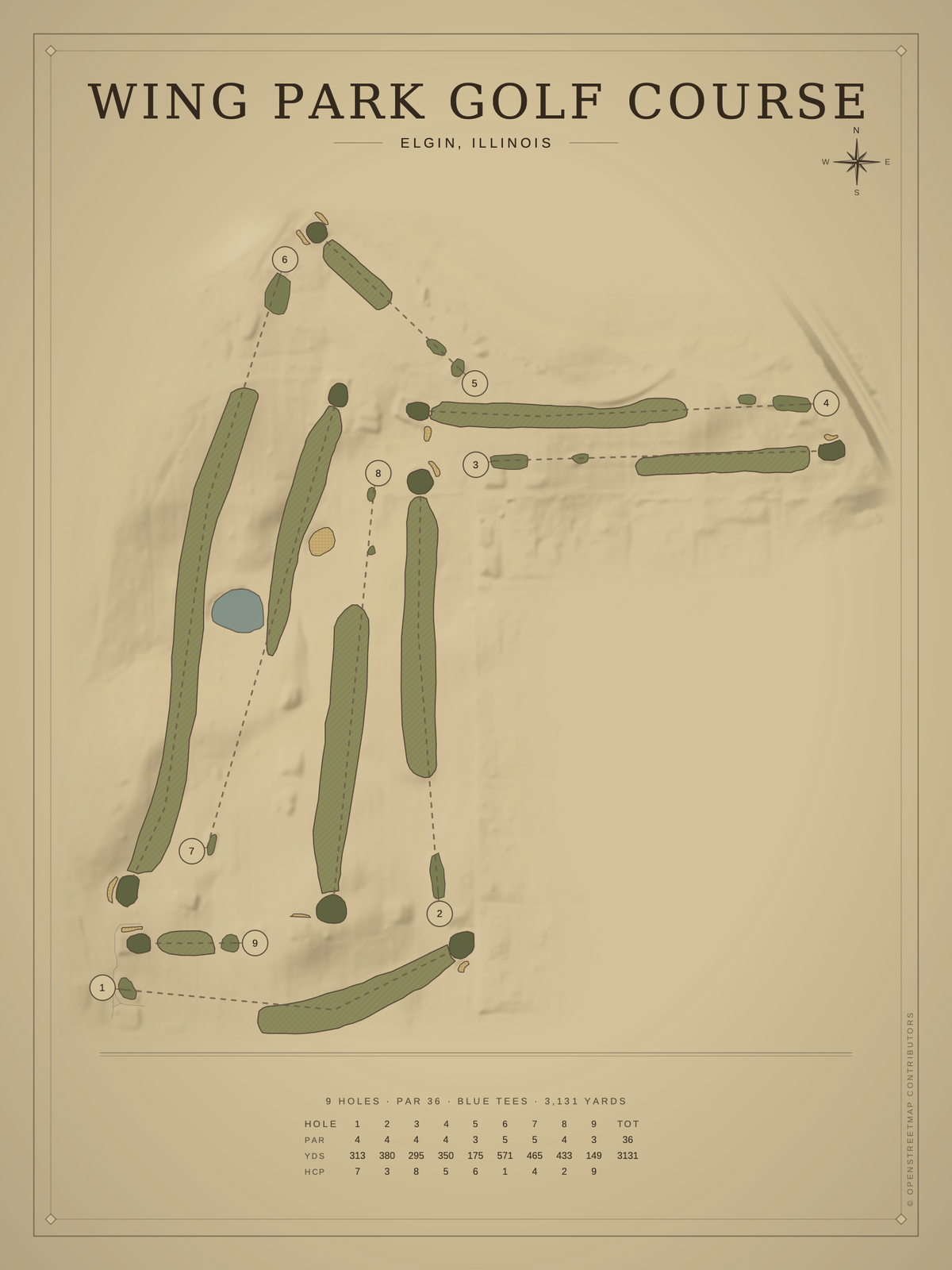 Wing Park Golf Course map poster, Vintage style, 12×16 / 18×24