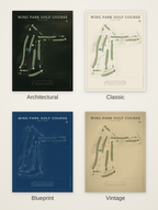 Wing Park Golf Course map poster in four styles: Architectural, Classic, Blueprint and Vintage