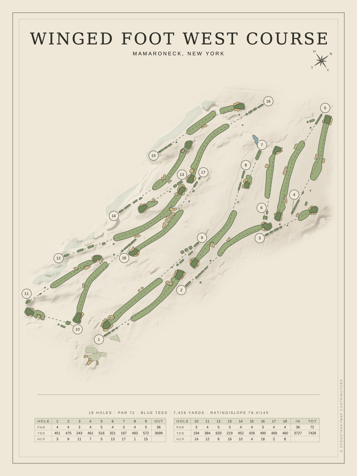 Winged Foot West Course map poster, Classic style, 12×16 / 18×24
