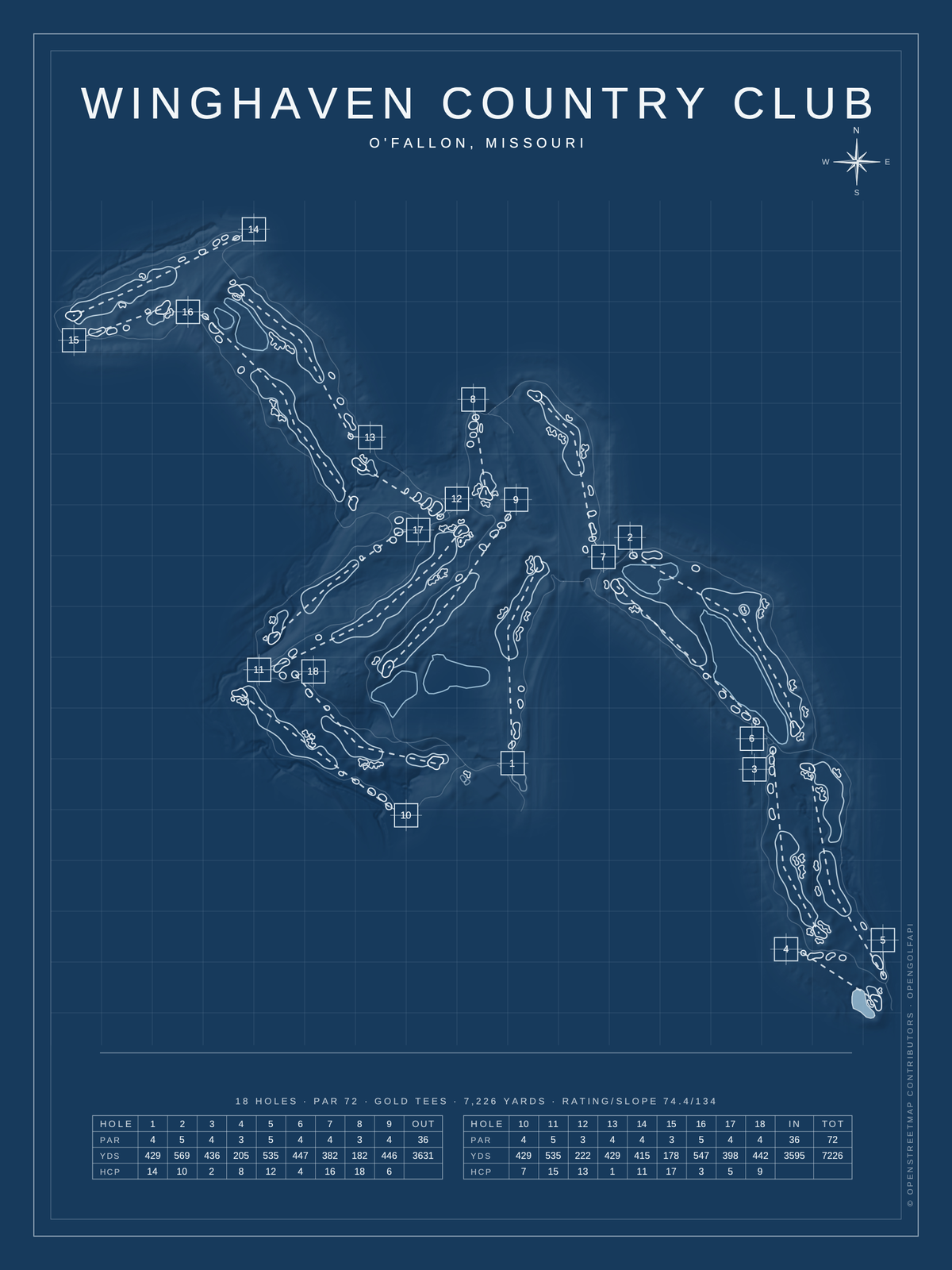 WingHaven Country Club course map poster, Blueprint style, 12×16 / 18×24
