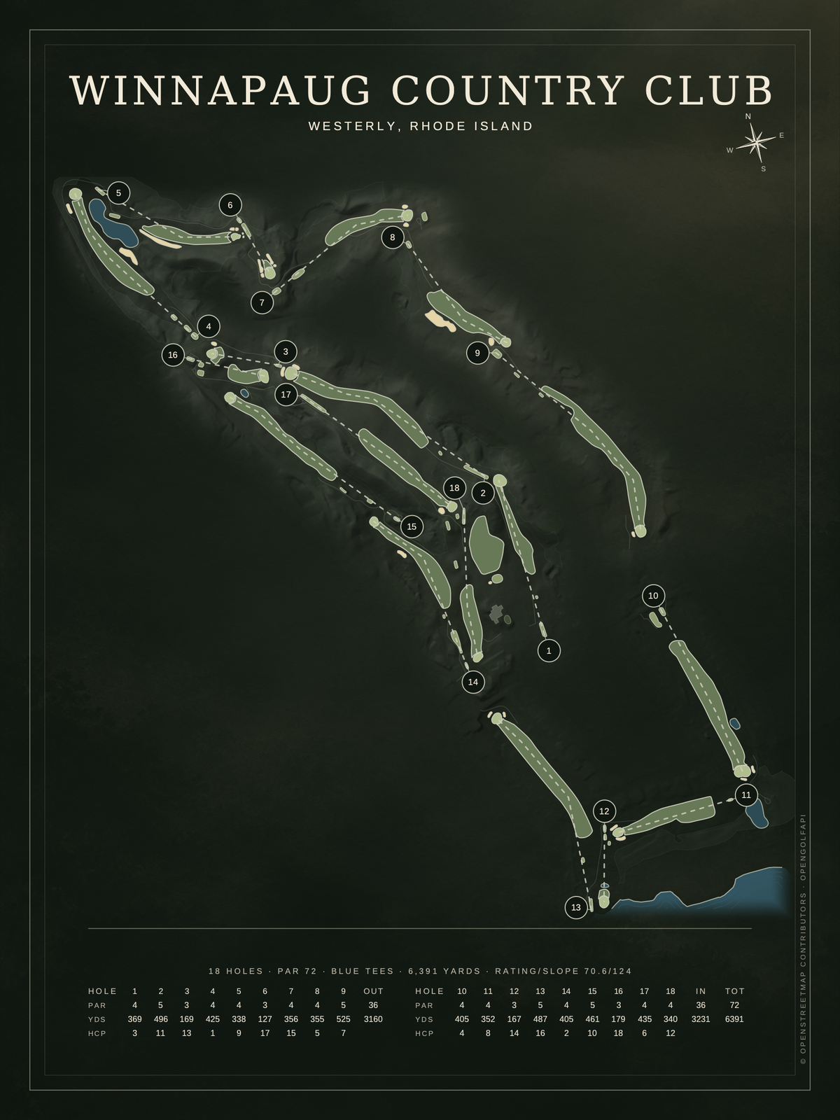 Winnapaug Country Club course map poster, Architectural style, 12×16 / 18×24
