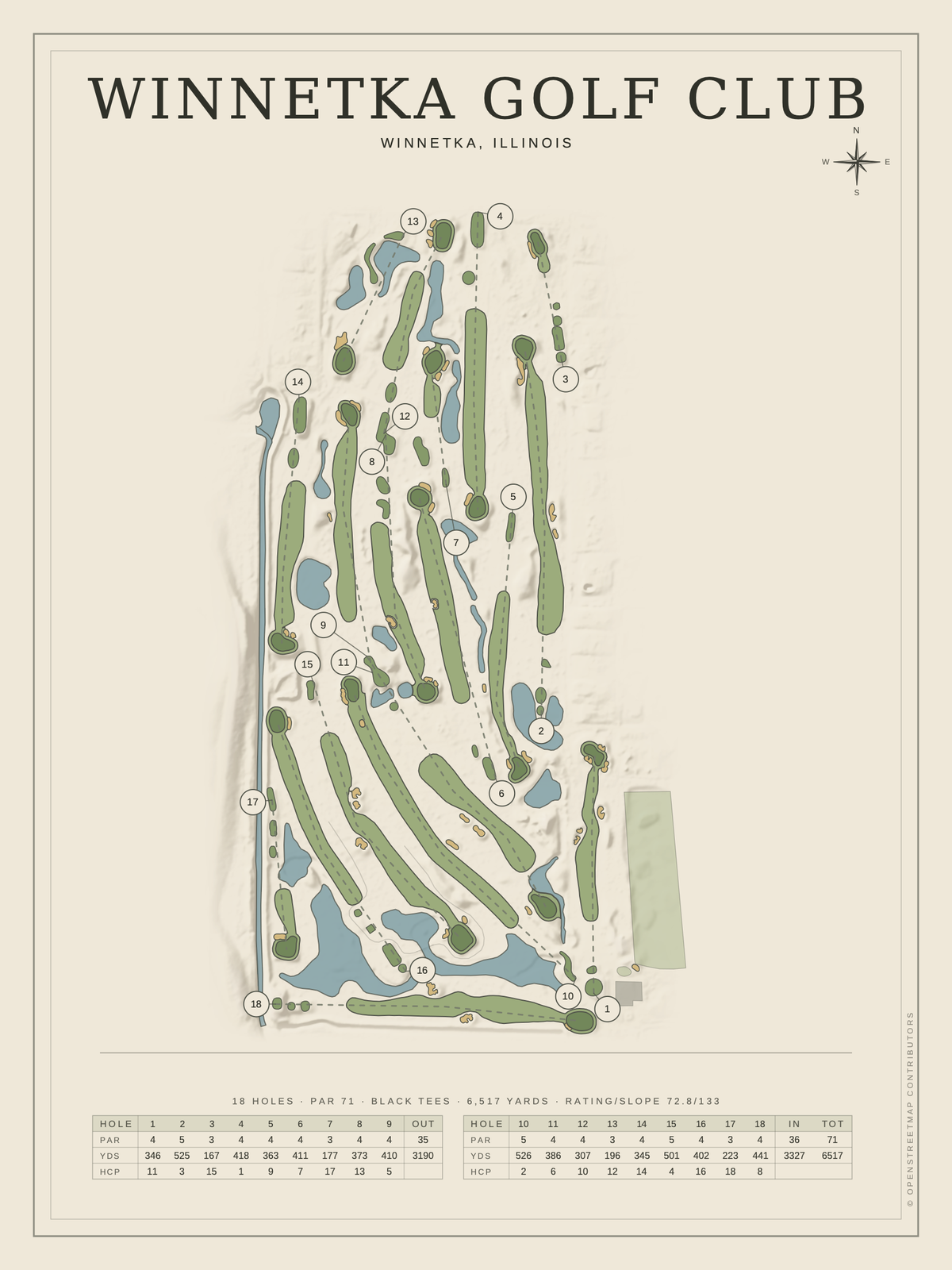 Winnetka Golf Club course map poster, Classic style, 12×16 / 18×24