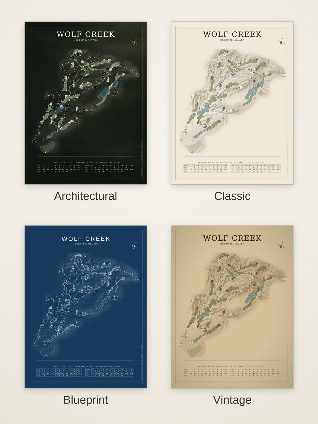 Wolf Creek course map poster in four styles: Architectural, Classic, Blueprint and Vintage