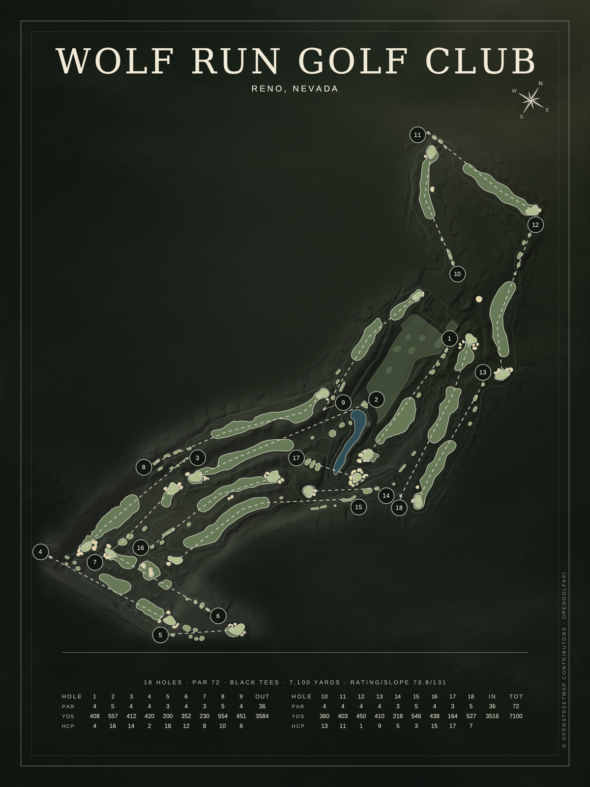 Wolf Run Golf Club course map poster, Architectural style, 12×16 / 18×24
