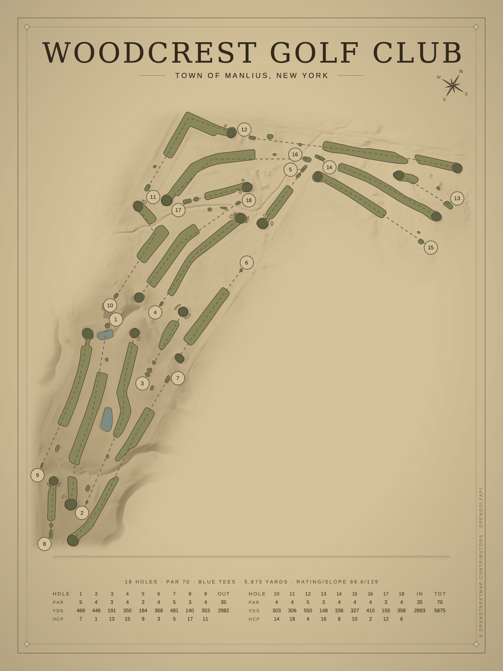 Woodcrest Golf Club course map poster, Vintage style, 12×16 / 18×24