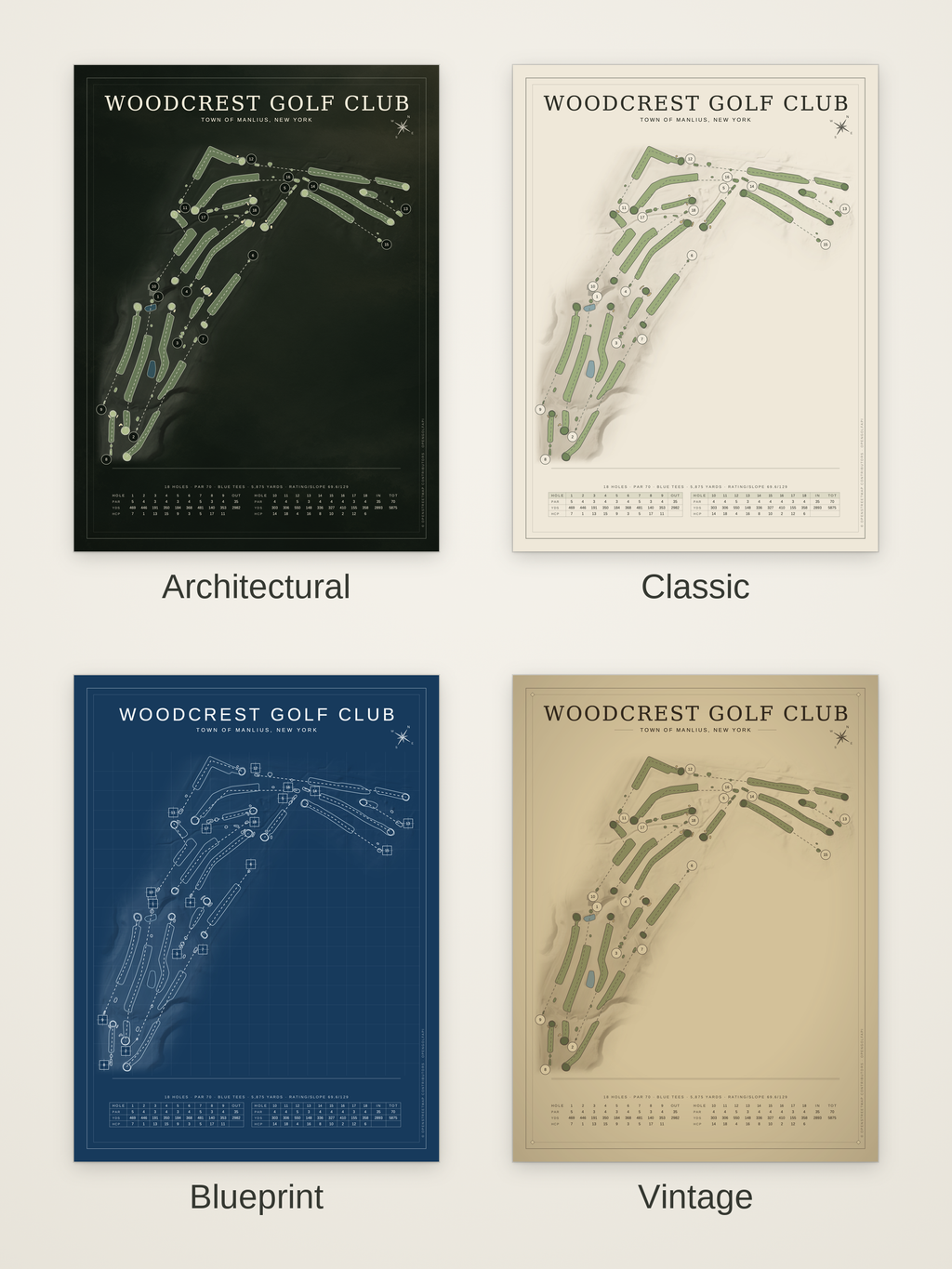 Woodcrest Golf Club course map poster in four styles: Architectural, Classic, Blueprint and Vintage