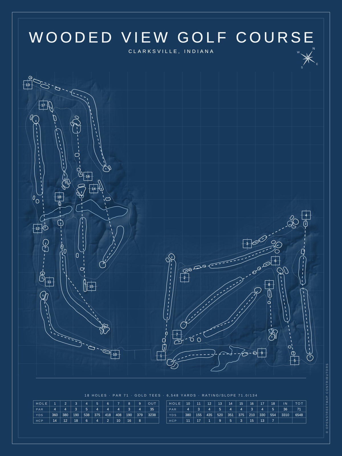 Wooded View Golf Course map poster, Blueprint style, 12×16 / 18×24