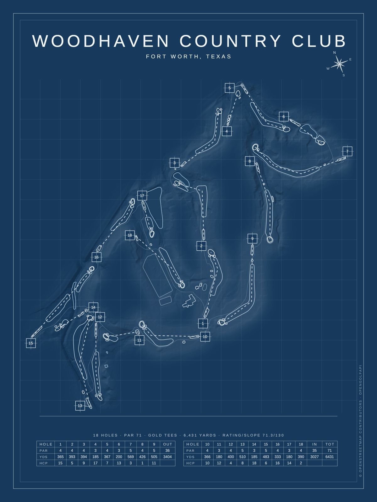 Woodhaven Country Club course map poster, Blueprint style, 12×16 / 18×24