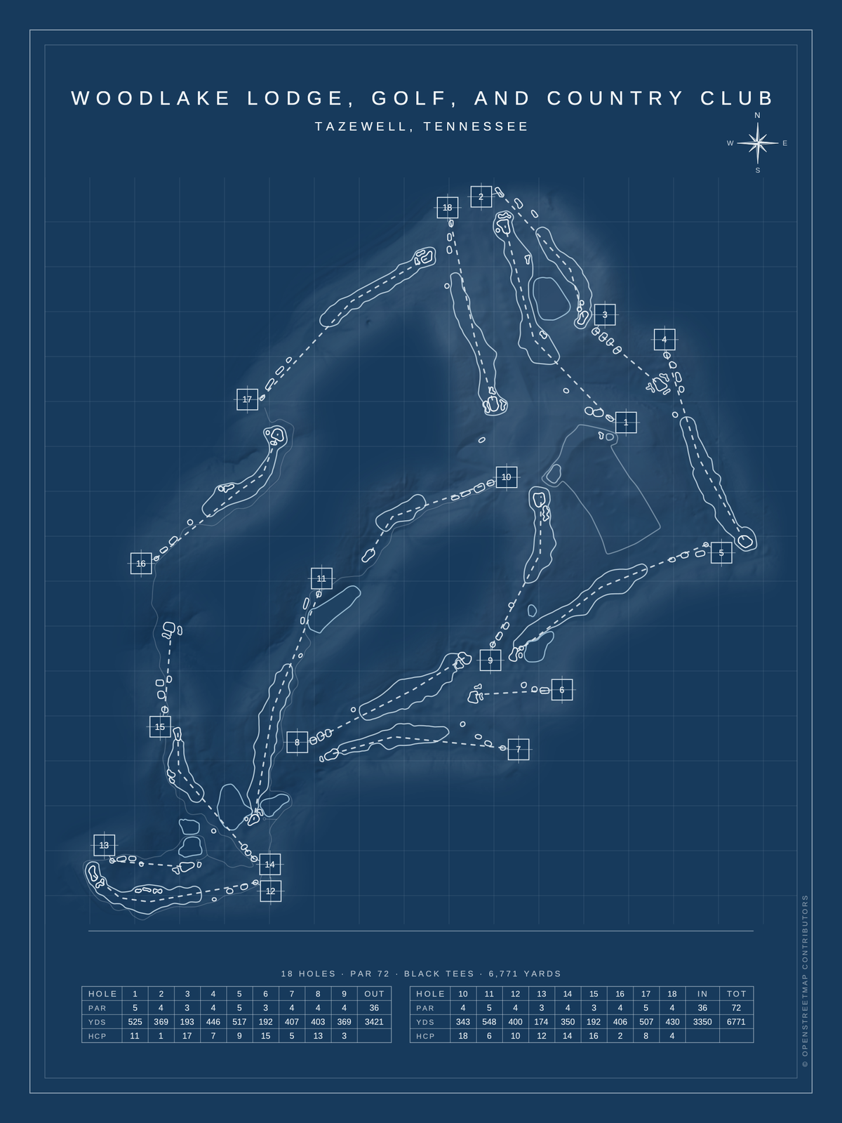 Woodlake Lodge, Golf, and Country Club course map poster, Blueprint style, 12×16 / 18×24