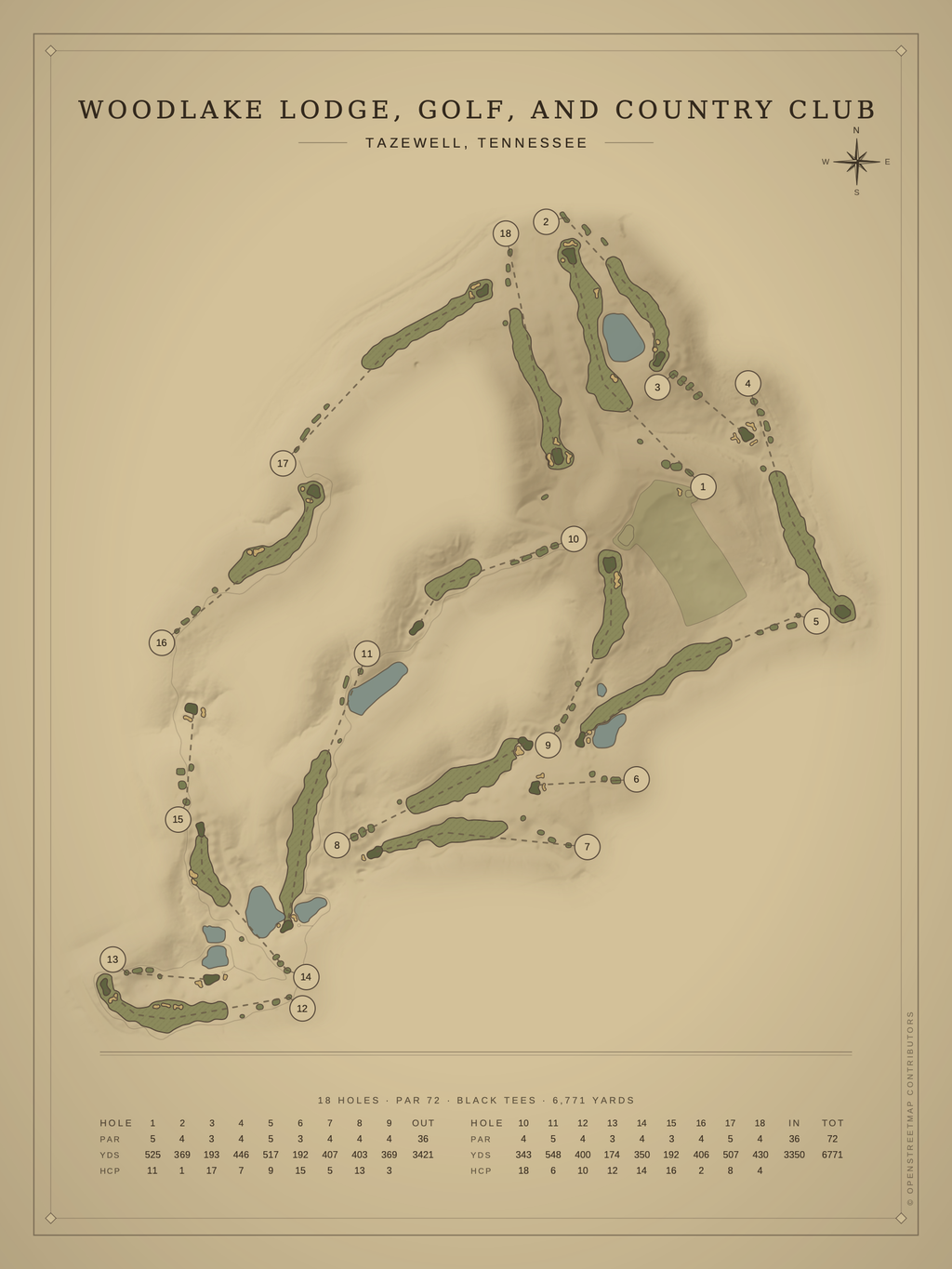 Woodlake Lodge, Golf, and Country Club course map poster, Vintage style, 12×16 / 18×24