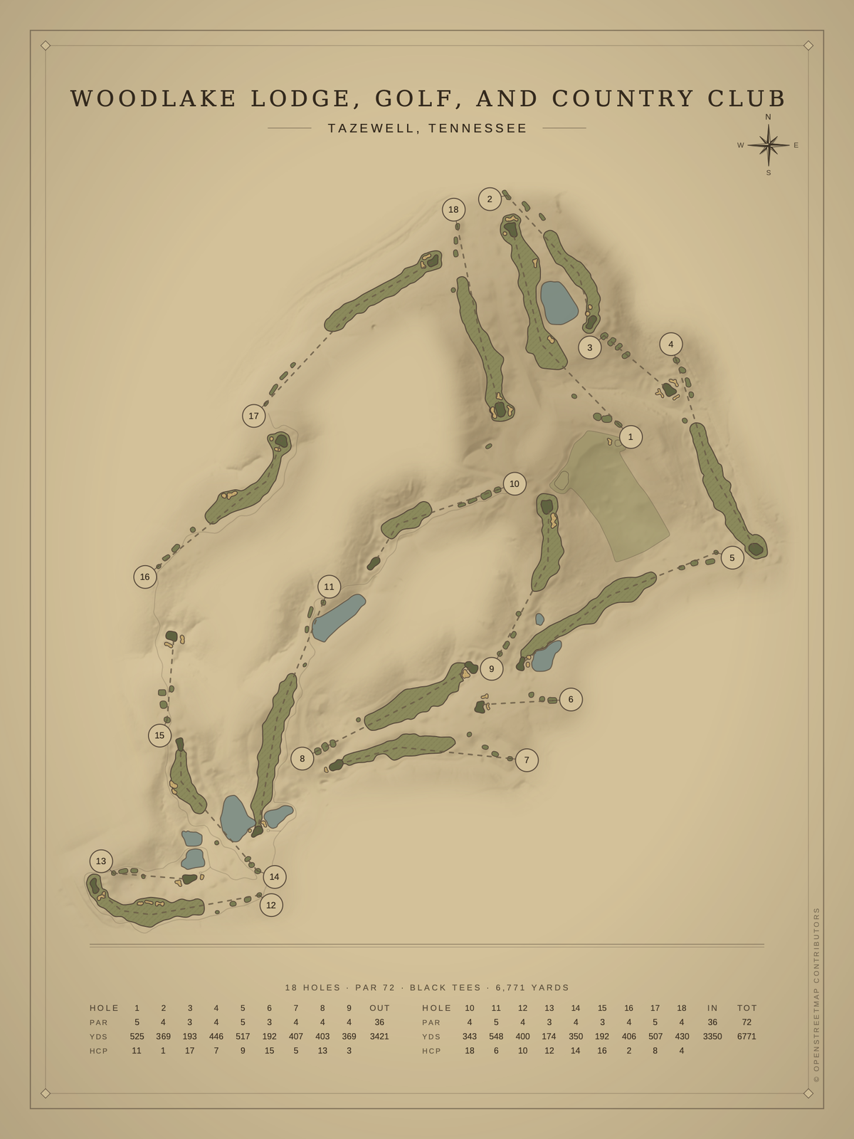Woodlake Lodge, Golf, and Country Club course map poster, Vintage style, 12×16 / 18×24