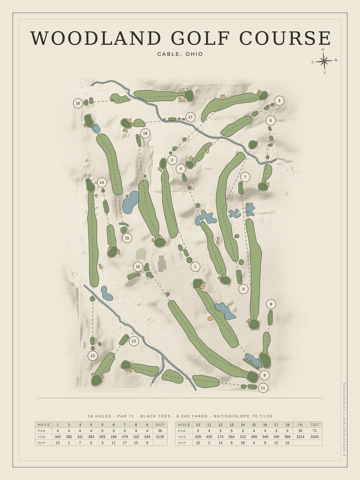 Woodland Golf Course map poster, Classic style, 12×16 / 18×24