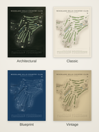 Woodland Hills Country Club course map poster in four styles: Architectural, Classic, Blueprint and Vintage