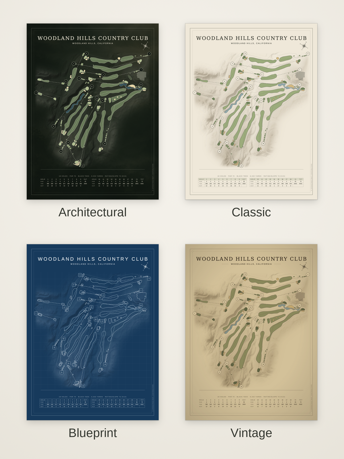 Woodland Hills Country Club course map poster in four styles: Architectural, Classic, Blueprint and Vintage