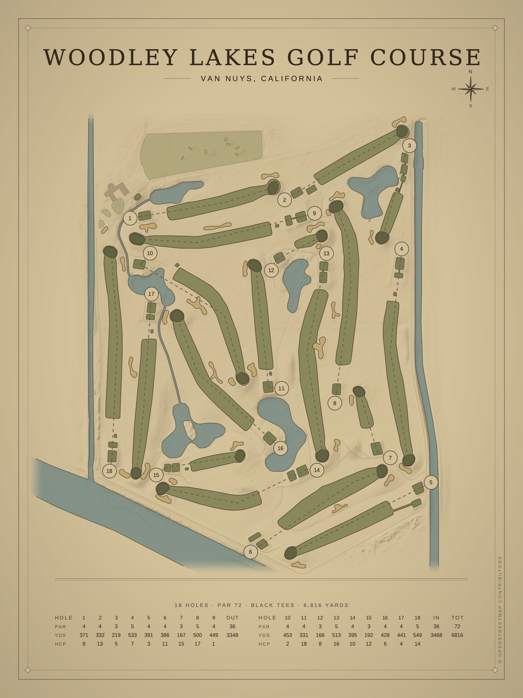 Woodley Lakes Golf Course map poster, Vintage style, 12×16 / 18×24