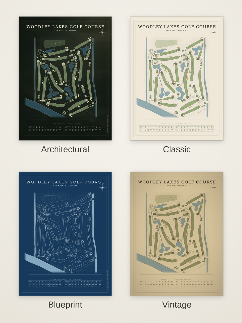 Woodley Lakes Golf Course map poster in four styles: Architectural, Classic, Blueprint and Vintage