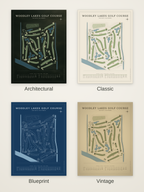Woodley Lakes Golf Course map poster in four styles: Architectural, Classic, Blueprint and Vintage