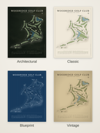 Woodridge Golf Club course map poster in four styles: Architectural, Classic, Blueprint and Vintage