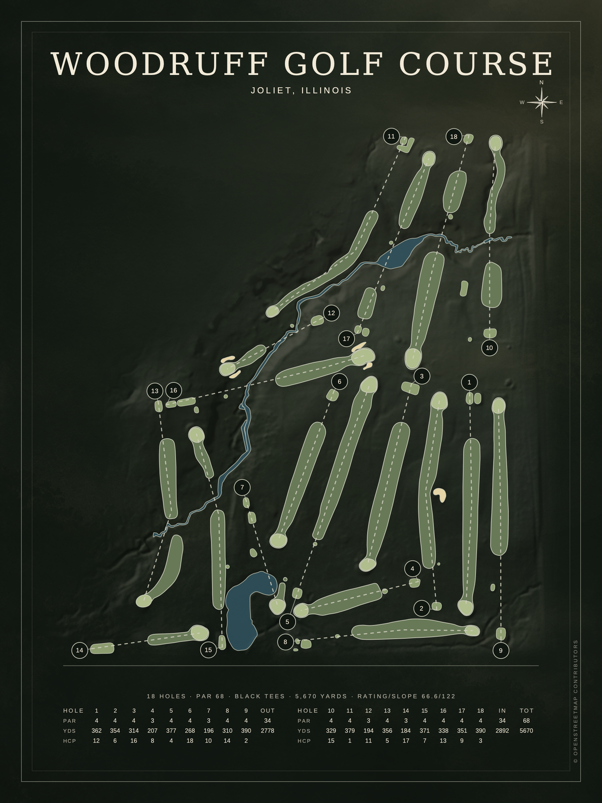 Woodruff Golf Course map poster, Architectural style, 12×16 / 18×24