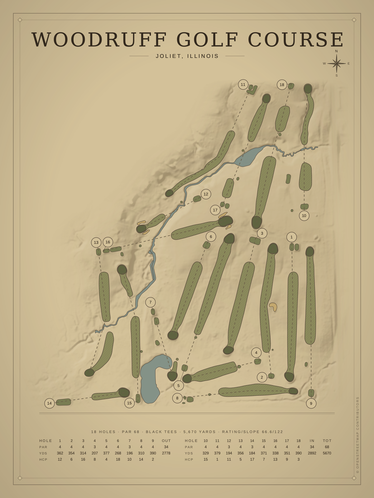 Woodruff Golf Course map poster, Vintage style, 12×16 / 18×24