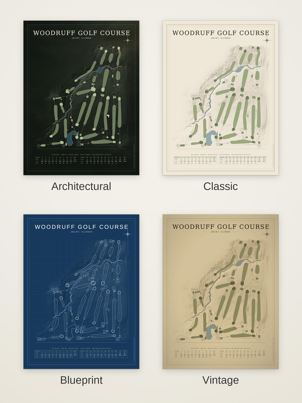 Woodruff Golf Course map poster in four styles: Architectural, Classic, Blueprint and Vintage