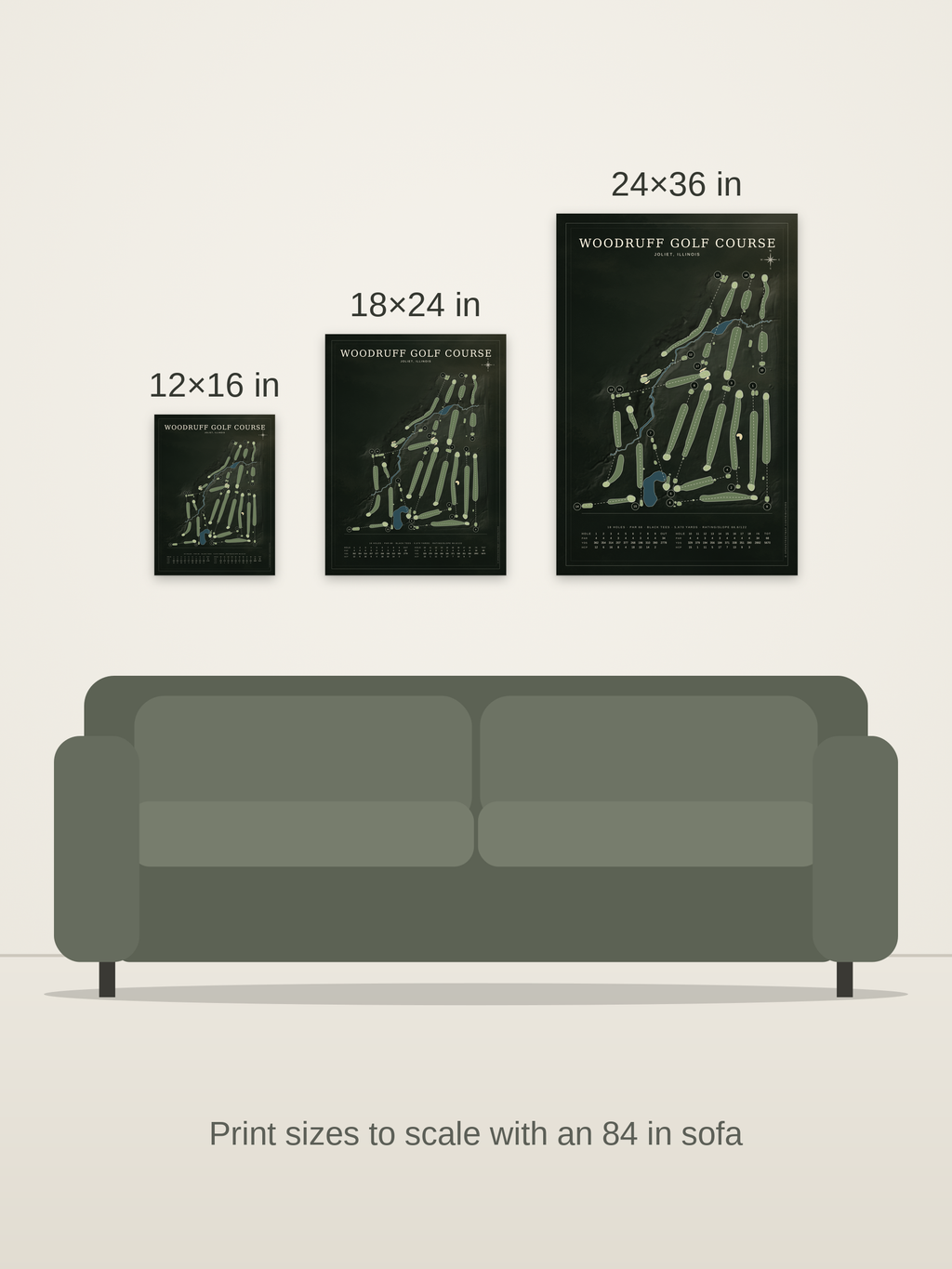 Woodruff Golf Course map poster in the Architectural style at 12×16, 18×24 and 24×36 inches, shown to scale on a wall above an 84-inch sofa