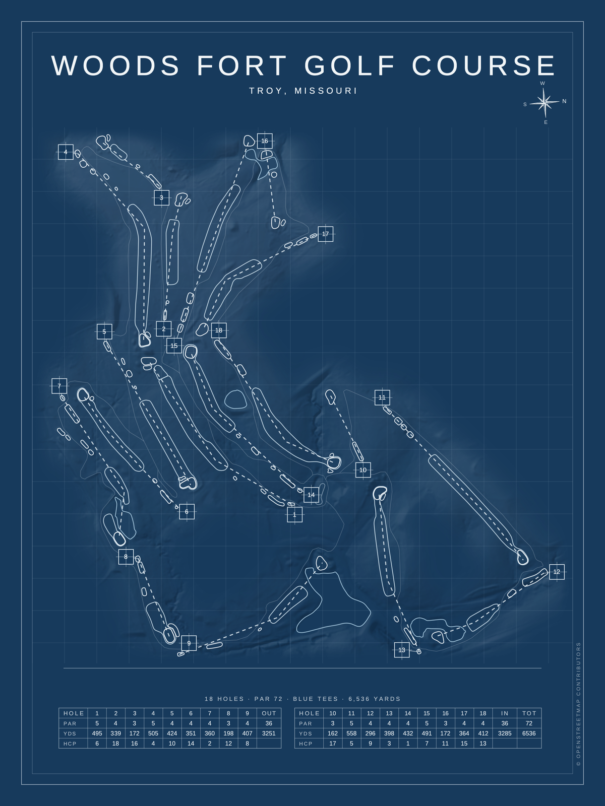 Woods Fort Golf Course map poster, Blueprint style, 12×16 / 18×24