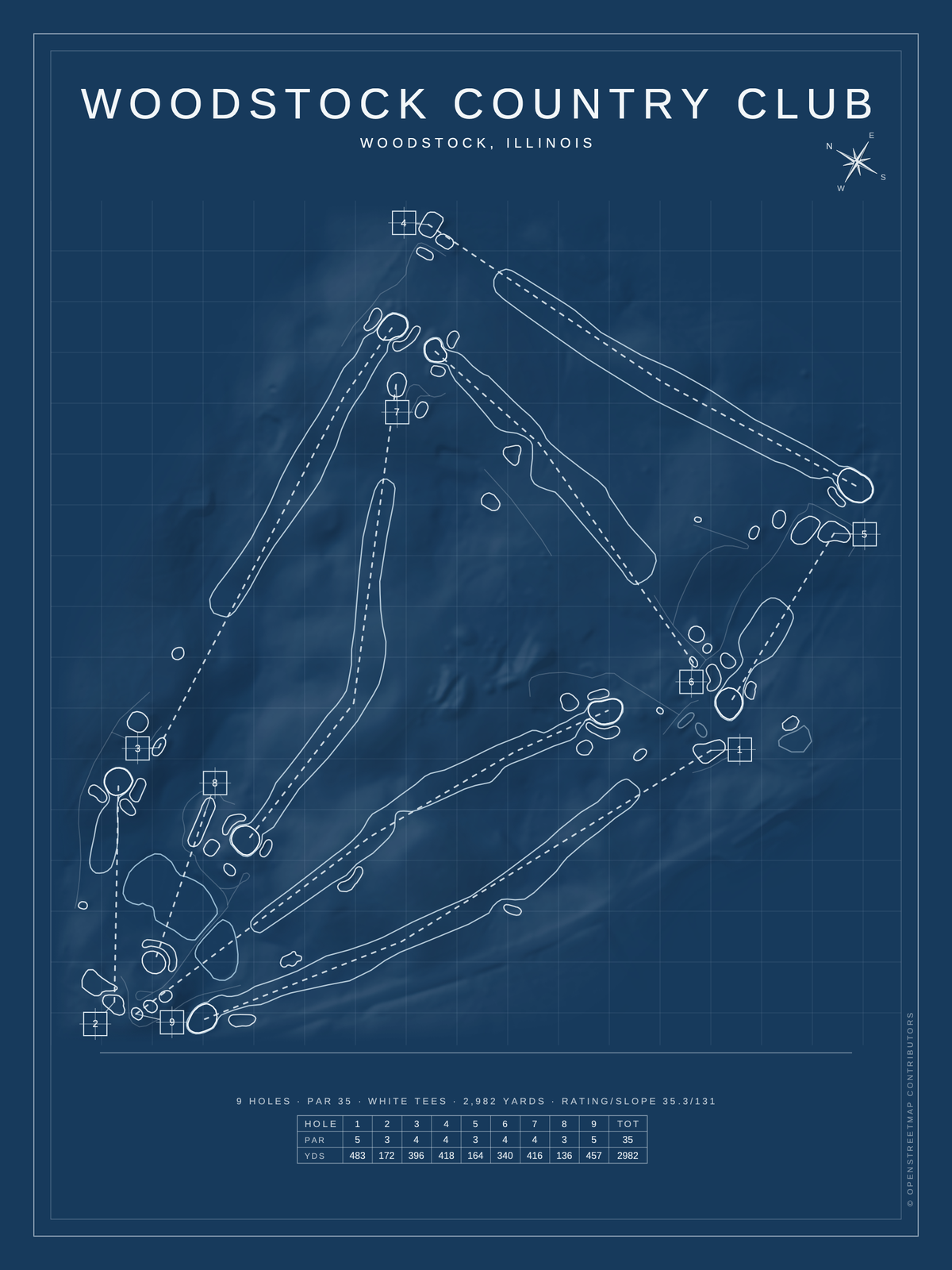 Woodstock Country Club course map poster, Blueprint style, 12×16 / 18×24